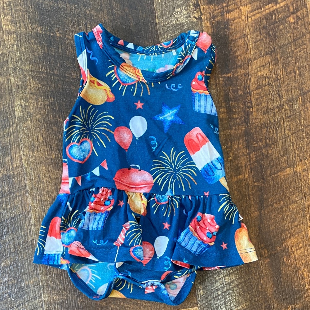 Backyard BBQ Baby Romper with Fireworks and Cupcakes
